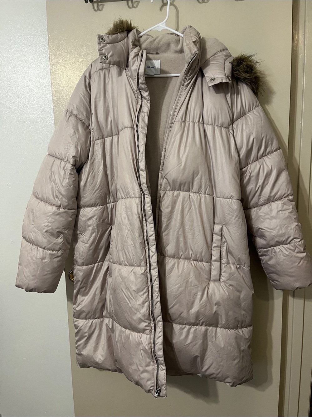 Old Navy Long Light Beige Puffer Coat with Faux-Fur Trim
